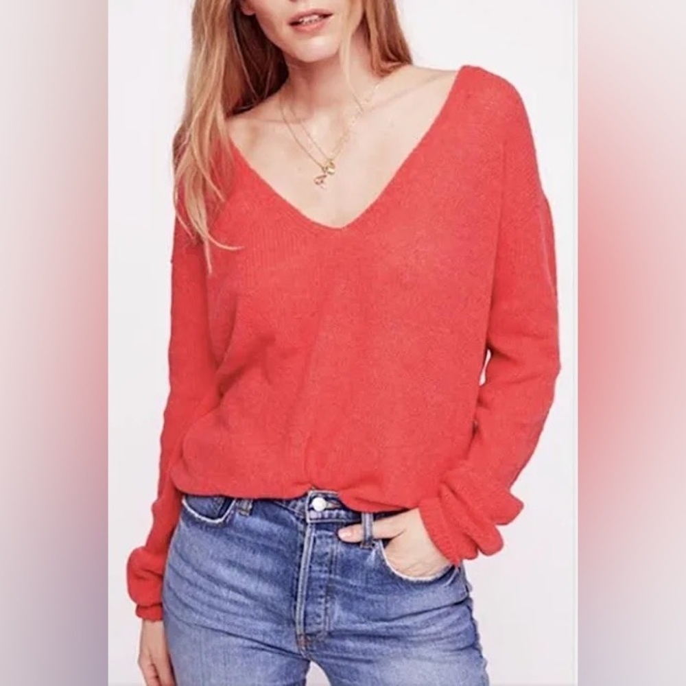 Free People Gossamer V neck Alpaca Blend Red Knit Sweater - XS